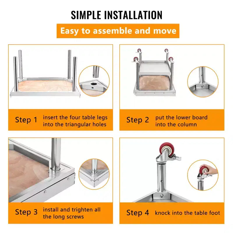 Support de gril commercial 24x24 - Table d'équipement robuste en acier inoxydable, capacité de 450 kg, pieds réglables et bord de sécurité, avec roulettes