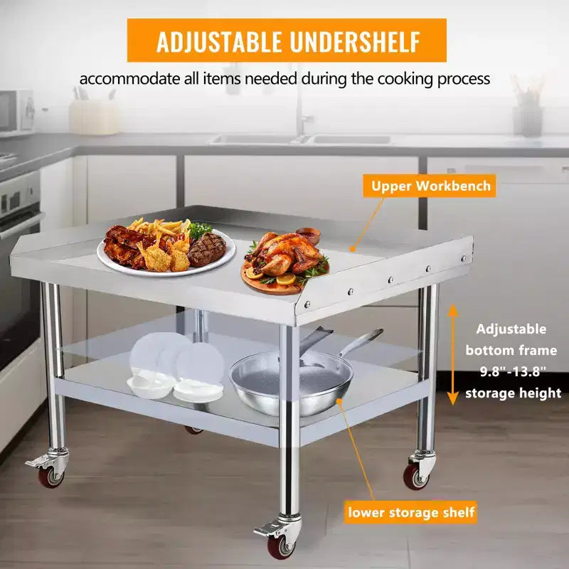 Support de gril commercial 24x24 - Table d'équipement robuste en acier inoxydable, capacité de 450 kg, pieds réglables et bord de sécurité, avec roulettes