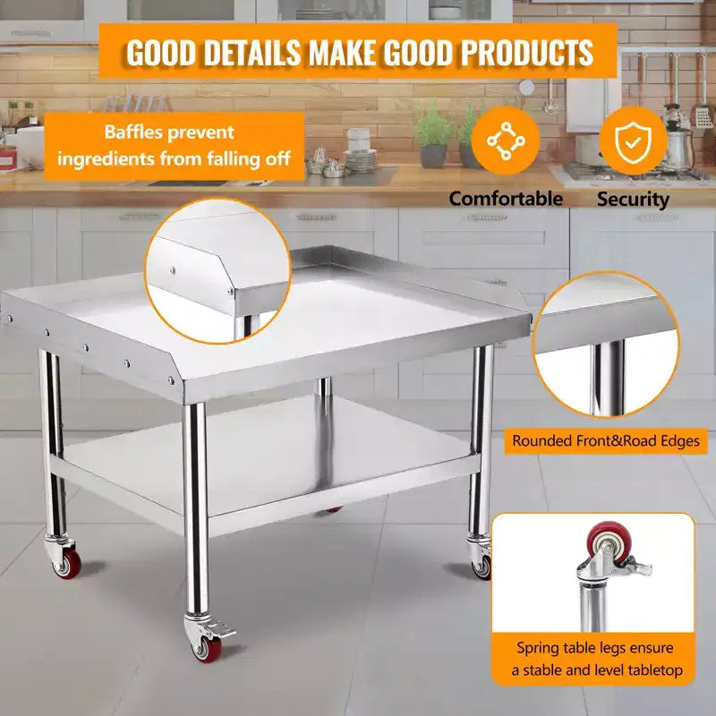Support de gril commercial 24x24 - Table d'équipement robuste en acier inoxydable, capacité de 450 kg, pieds réglables et bord de sécurité, avec roulettes