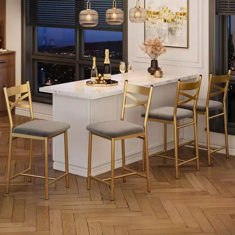 Ensemble de 6 tabourets de bar de hauteur comptoir 26, chaises à cadre métallique avec dossier droit ergonomique, coussins rembourrés en cuir PU épais et imperméables