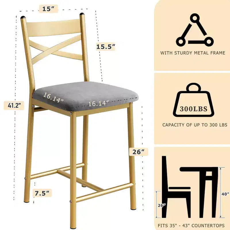Ensemble de 6 tabourets de bar de hauteur comptoir 26, chaises à cadre métallique avec dossier droit ergonomique, coussins rembourrés en cuir PU épais et imperméables
