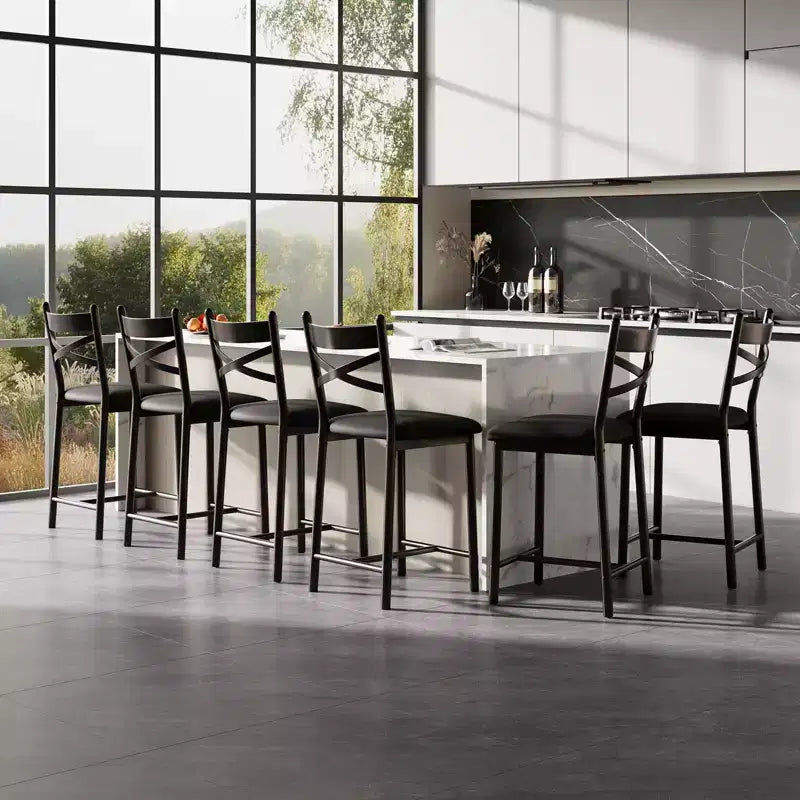 Ensemble de 6 tabourets de bar de hauteur comptoir 26, chaises à cadre métallique avec dossier droit ergonomique, coussins rembourrés en cuir PU épais et imperméables