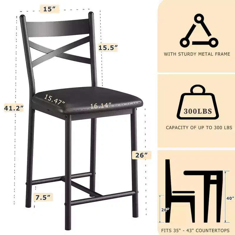 Ensemble de 4 tabourets de bar hauteur comptoir 26 po, sièges rembourrés en cuir PU noir, cadre en métal, dossier en X, repose-pieds pour îlot de cuisine, salle à manger