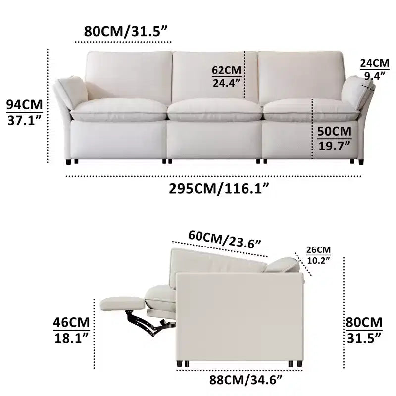 ATJafurn Canapé inclinable électrique en chenille blanche avec port de charge USB et accoudoirs coussinés, chaque siège est doté de moteurs réglables indépendamment, pour le salon