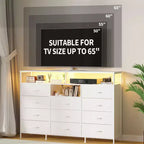 Commode à 11 tiroirs en tissu avec lumières et station de charge, commode en bois avec étagères ouvertes, organisateur de rangement pour chambre à coucher