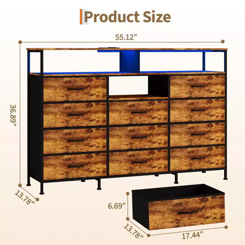 Commode à 11 tiroirs en tissu avec lumières et station de charge, commode en bois avec étagères ouvertes, organisateur de rangement pour chambre à coucher