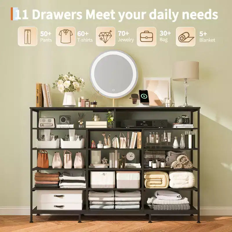 Commode à 11 tiroirs en tissu avec lumières et station de charge, commode en bois avec étagères ouvertes, organisateur de rangement pour chambre à coucher