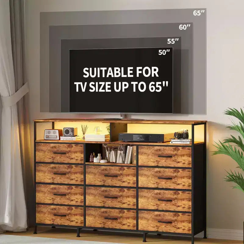 Commode à 11 tiroirs en tissu avec lumières et station de charge, commode en bois avec étagères ouvertes, organisateur de rangement pour chambre à coucher