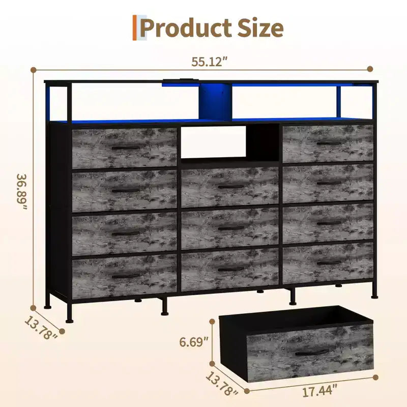 Commode à 11 tiroirs en tissu avec lumières et station de charge, commode en bois avec étagères ouvertes, organisateur de rangement pour chambre à coucher