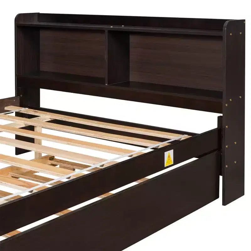 Lit plateforme double VECELO avec lit gigogne et tête de lit de rangement, sommier à lattes en bois pour petits espaces