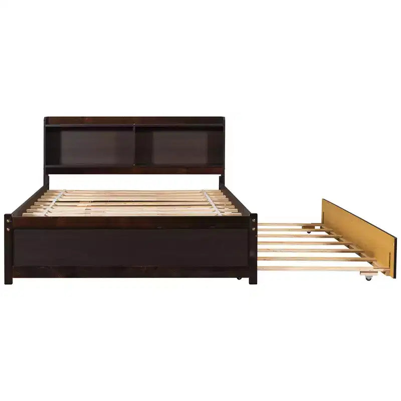 Lit plateforme double VECELO avec lit gigogne et tête de lit de rangement, sommier à lattes en bois pour petits espaces