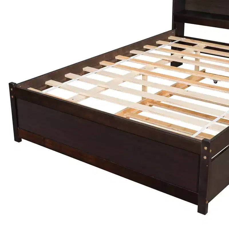 Lit plateforme double VECELO avec lit gigogne et tête de lit de rangement, sommier à lattes en bois pour petits espaces