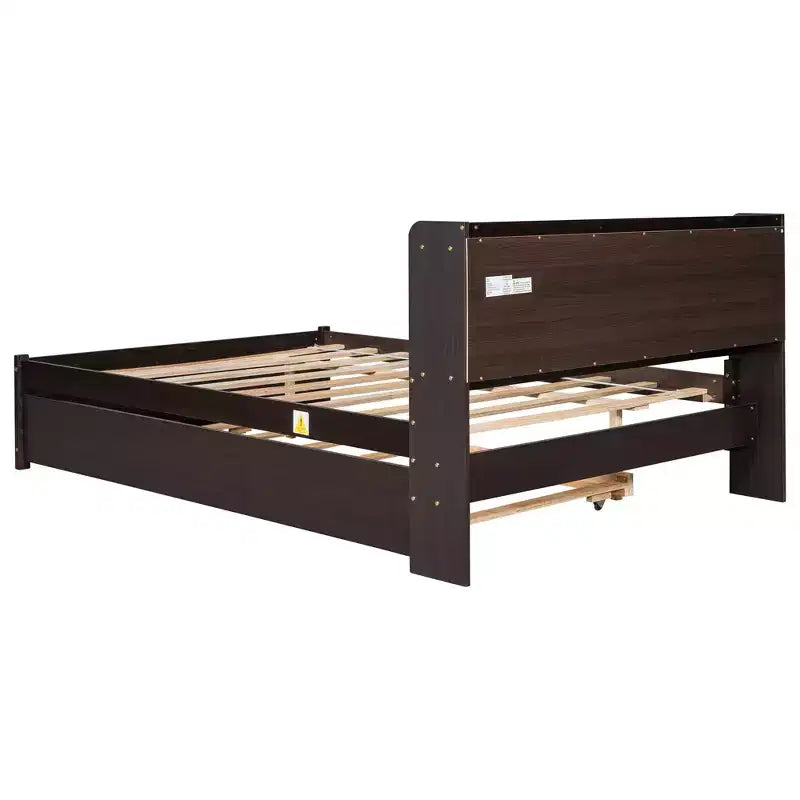 Lit plateforme double VECELO avec lit gigogne et tête de lit de rangement, sommier à lattes en bois pour petits espaces