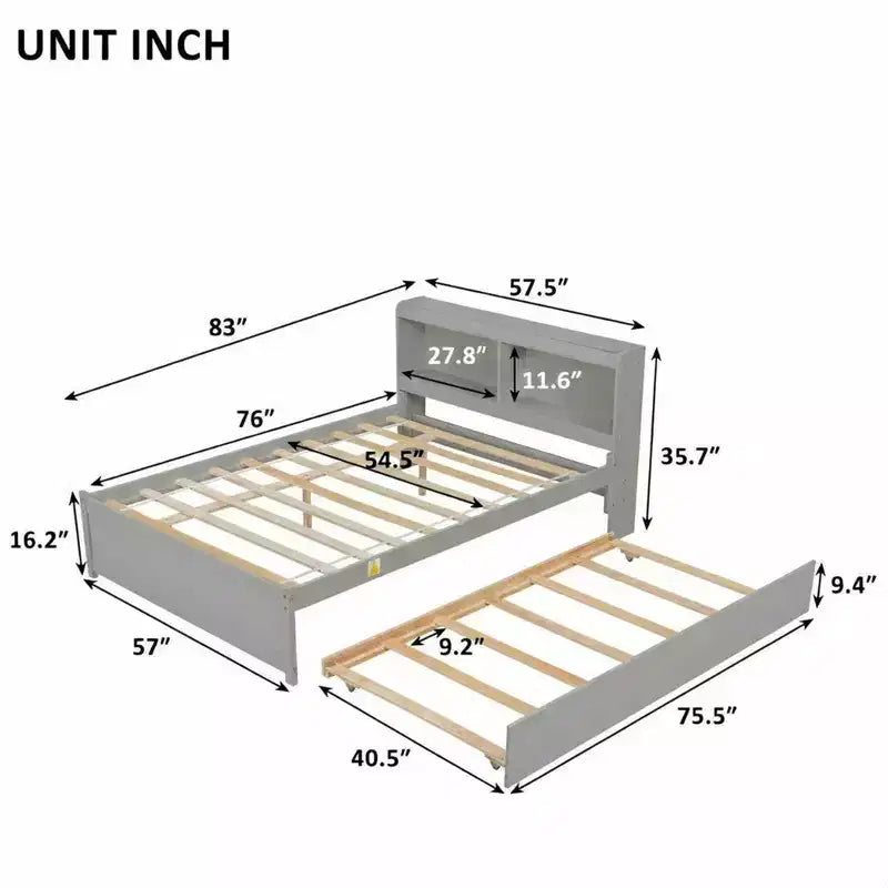 Lit plateforme double VECELO avec lit gigogne et tête de lit de rangement, sommier à lattes en bois pour petits espaces
