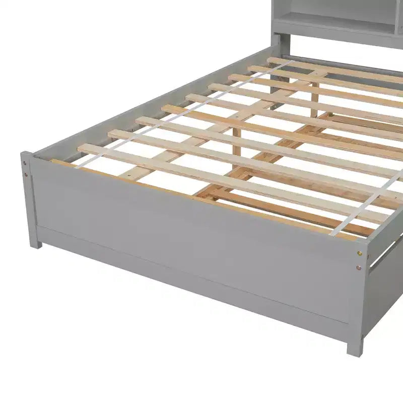 Lit plateforme double VECELO avec lit gigogne et tête de lit de rangement, sommier à lattes en bois pour petits espaces