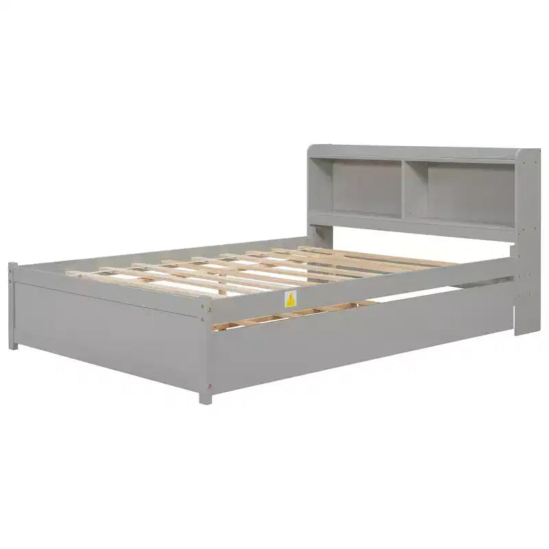 Lit plateforme double VECELO avec lit gigogne et tête de lit de rangement, sommier à lattes en bois pour petits espaces