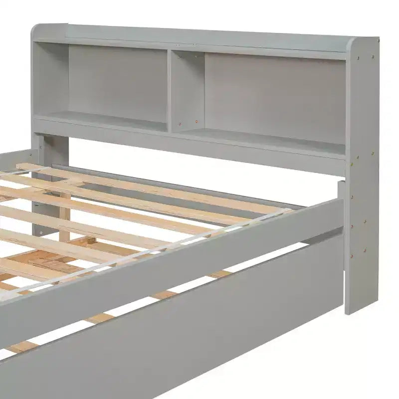 Lit plateforme double VECELO avec lit gigogne et tête de lit de rangement, sommier à lattes en bois pour petits espaces