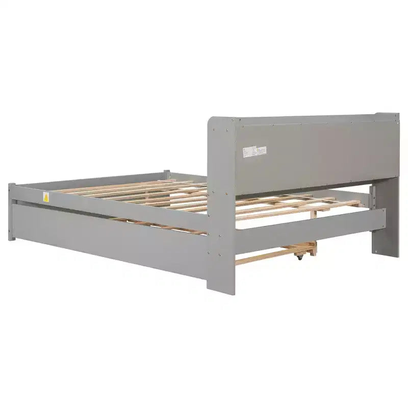 Lit plateforme double VECELO avec lit gigogne et tête de lit de rangement, sommier à lattes en bois pour petits espaces