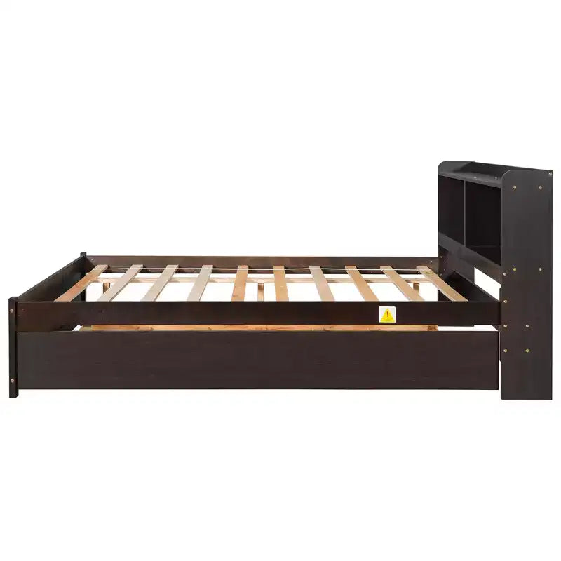 Lit plateforme double VECELO avec lit gigogne et tête de lit de rangement, sommier à lattes en bois pour petits espaces