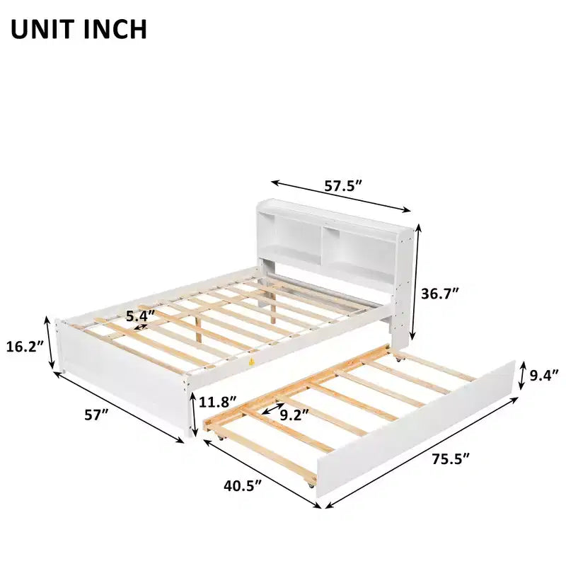 Lit plateforme double VECELO avec lit gigogne et tête de lit de rangement, sommier à lattes en bois pour petits espaces