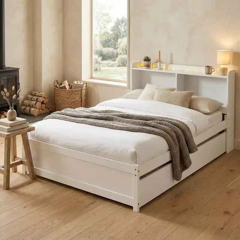 Lit plateforme double VECELO avec lit gigogne et tête de lit de rangement, sommier à lattes en bois pour petits espaces