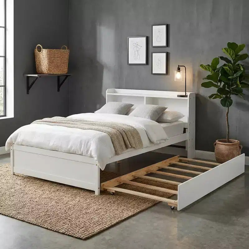 Lit plateforme double VECELO avec lit gigogne et tête de lit de rangement, sommier à lattes en bois pour petits espaces