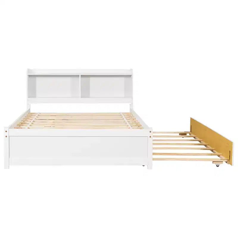 Lit plateforme double VECELO avec lit gigogne et tête de lit de rangement, sommier à lattes en bois pour petits espaces