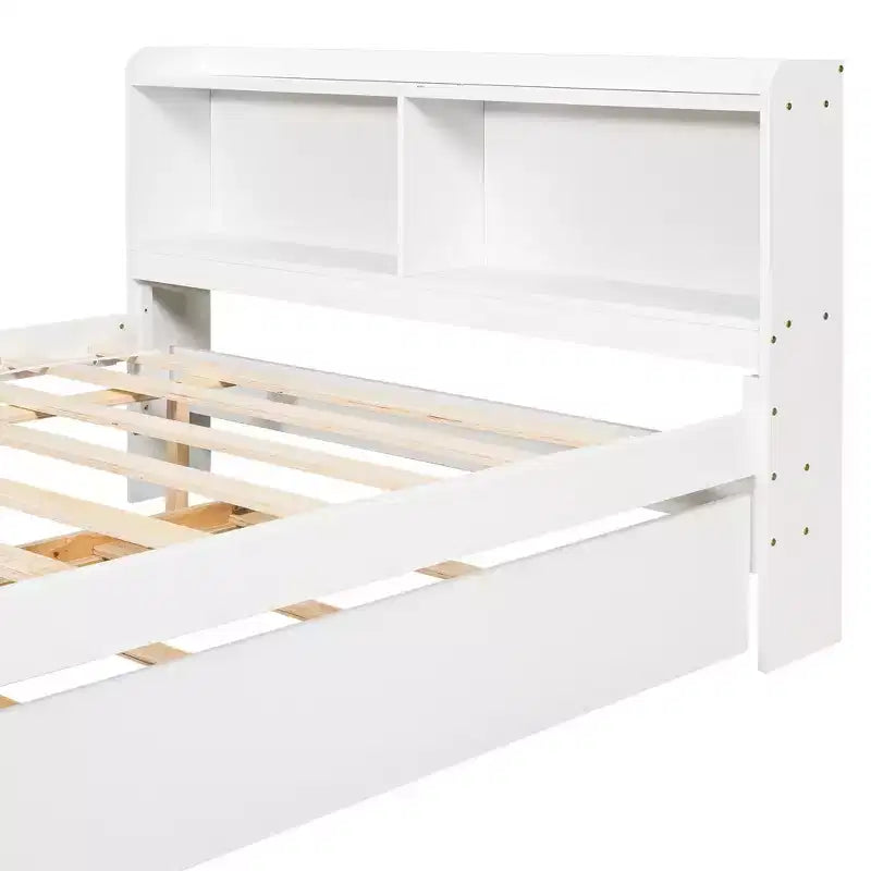 Lit plateforme double VECELO avec lit gigogne et tête de lit de rangement, sommier à lattes en bois pour petits espaces