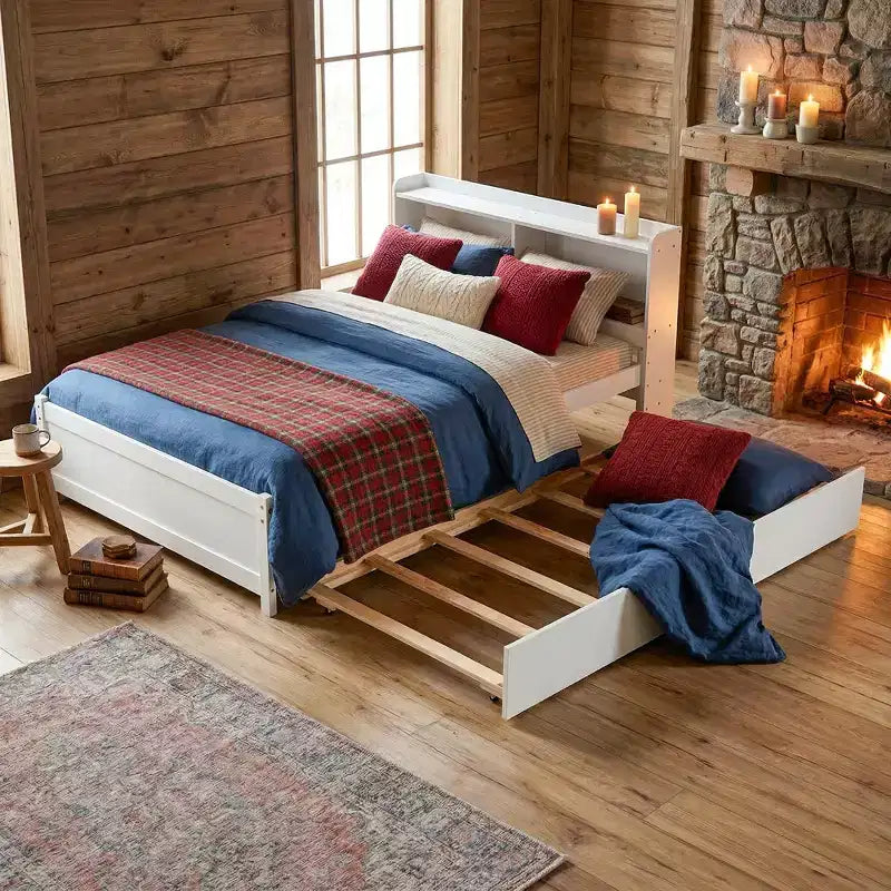 Lit plateforme double VECELO avec lit gigogne et tête de lit de rangement, sommier à lattes en bois pour petits espaces