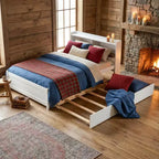 Lit plateforme double VECELO avec lit gigogne et tête de lit de rangement, sommier à lattes en bois pour petits espaces