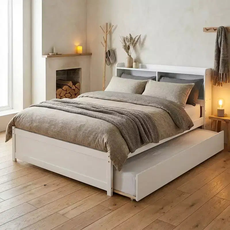 Lit plateforme double VECELO avec lit gigogne et tête de lit de rangement, sommier à lattes en bois pour petits espaces