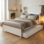 Lit plateforme double VECELO avec lit gigogne et tête de lit de rangement, sommier à lattes en bois pour petits espaces
