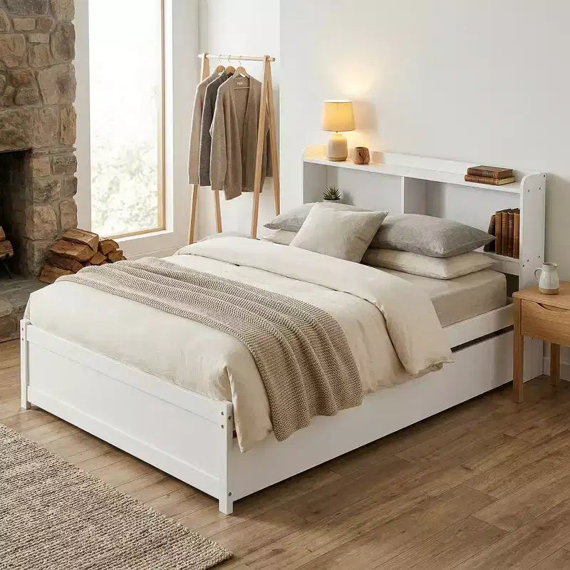 Lit plateforme double VECELO avec lit gigogne et tête de lit de rangement, sommier à lattes en bois pour petits espaces