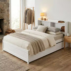 Lit plateforme double VECELO avec lit gigogne et tête de lit de rangement, sommier à lattes en bois pour petits espaces
