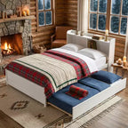 Lit plateforme double VECELO avec lit gigogne et tête de lit de rangement, sommier à lattes en bois pour petits espaces