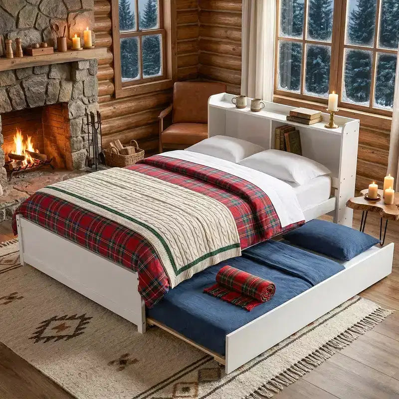 Lit plateforme double VECELO avec lit gigogne et tête de lit de rangement, sommier à lattes en bois pour petits espaces