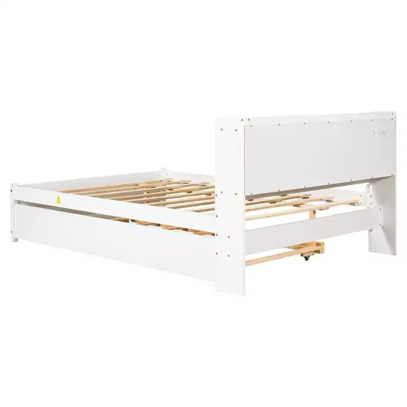 Lit plateforme double VECELO avec lit gigogne et tête de lit de rangement, sommier à lattes en bois pour petits espaces