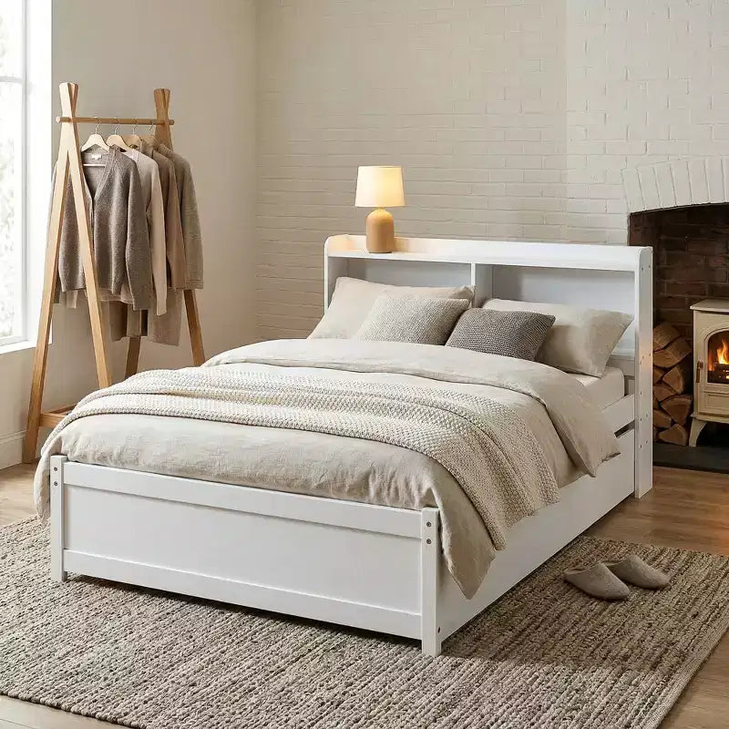 Lit plateforme double VECELO avec lit gigogne et tête de lit de rangement, sommier à lattes en bois pour petits espaces