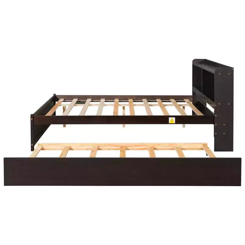 Lit plateforme double VECELO avec lit gigogne et tête de lit de rangement, sommier à lattes en bois pour petits espaces