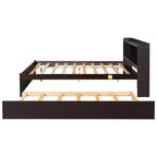 Lit plateforme double VECELO avec lit gigogne et tête de lit de rangement, sommier à lattes en bois pour petits espaces