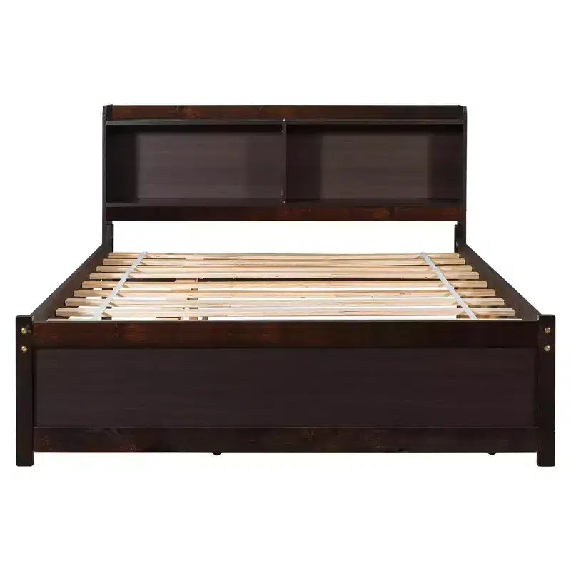 Lit plateforme double VECELO avec lit gigogne et tête de lit de rangement, sommier à lattes en bois pour petits espaces