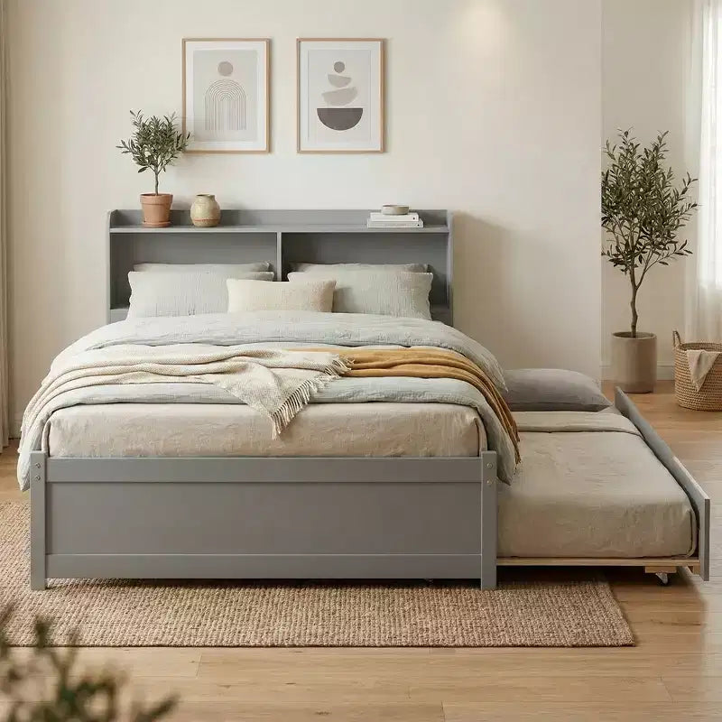 Lit plateforme double VECELO avec lit gigogne et tête de lit de rangement, sommier à lattes en bois pour petits espaces