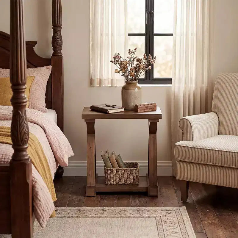 Table d'appoint Lantine en bois massif, petite table d'appoint avec étagère de rangement, table d'appoint étroite à 2 niveaux pour salon, chambre, petits espaces