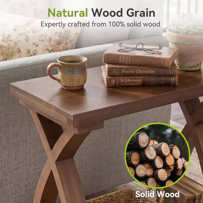 Table d'appoint Lantine en bois massif, petite table d'appoint avec étagère de rangement, table d'appoint étroite à 2 niveaux pour salon, chambre, petits espaces