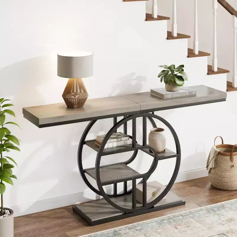 Console étroite de 55 pouces pour entrée, table de canapé rétro industrielle derrière le canapé avec cadre en fer robuste et plateau en bois pour couloir et salon