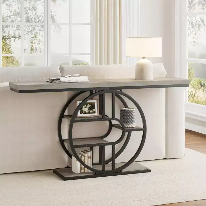 Console étroite de 55 pouces pour entrée, table de canapé rétro industrielle derrière le canapé avec cadre en fer robuste et plateau en bois pour couloir et salon