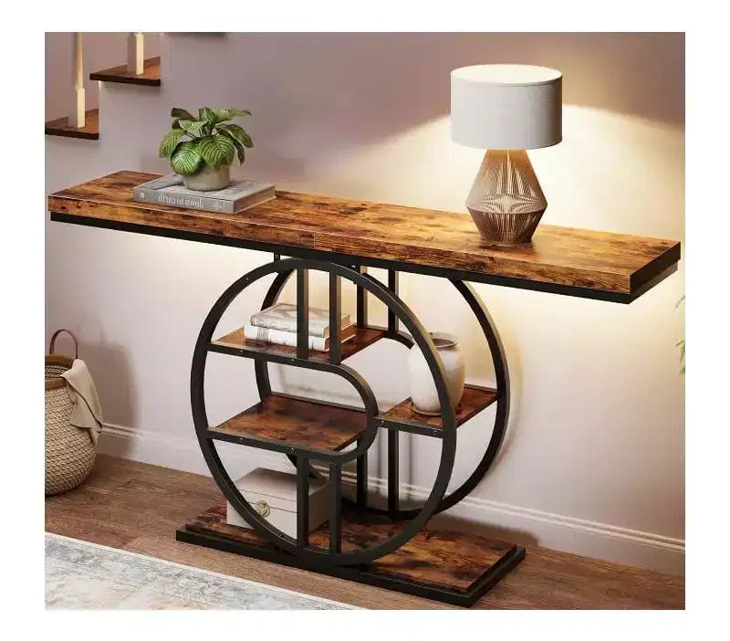 Console étroite de 55 pouces pour entrée, table de canapé rétro industrielle derrière le canapé avec cadre en fer robuste et plateau en bois pour couloir et salon