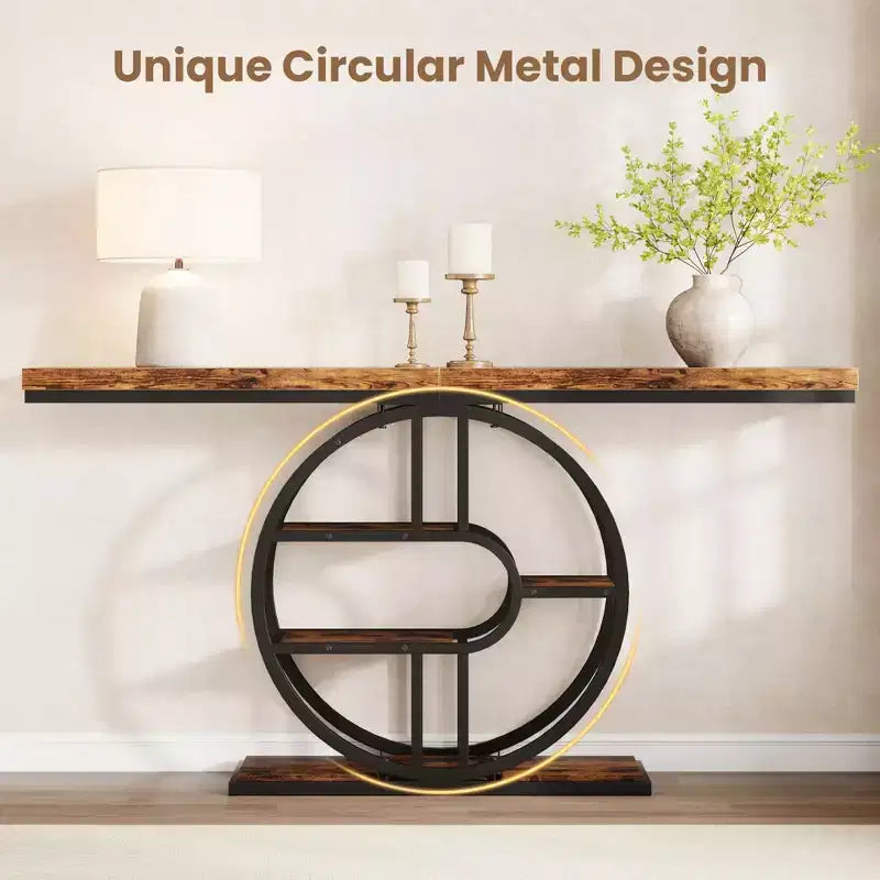 Console étroite de 55 pouces pour entrée, table de canapé rétro industrielle derrière le canapé avec cadre en fer robuste et plateau en bois pour couloir et salon
