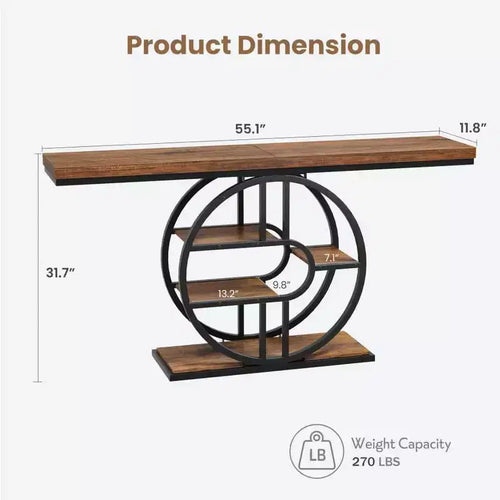Console étroite de 55 pouces pour entrée, table de canapé rétro industrielle derrière le canapé avec cadre en fer robuste et plateau en bois pour couloir et salon