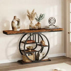 Console étroite de 55 pouces pour entrée, table de canapé rétro industrielle derrière le canapé avec cadre en fer robuste et plateau en bois pour couloir et salon